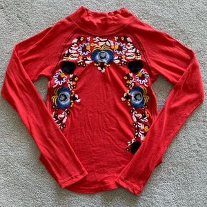 Free People Mock Neck Embroidered Long Sleeve